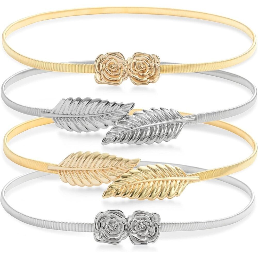 Skinny Stretch Metal Waist Belts Women Gold Silver Leaf Rose Pattern Adjustable